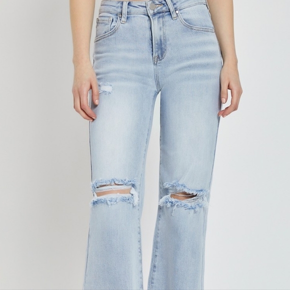 RISEN Distressed High-Rise Jeans Retro Straight Wide Leg Classic Denim Pants - Picture 5 of 16